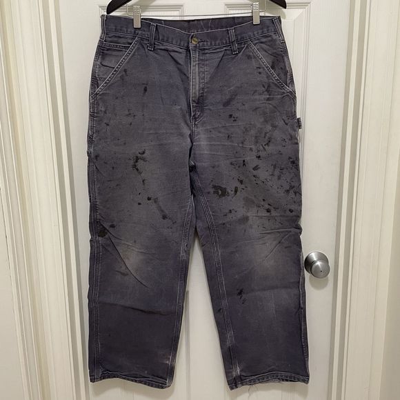 Carhartt B11 PTB Canvas Carpenter Pants Mens 36x30 Gray Distressed Stained Worn - Picture 1 of 9